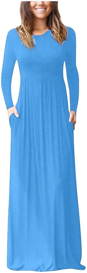 Spring Dresses Women Casual Long Sleeve Striped Loose Fit Pleated Maxi Dress with Pockets Spring Fall Outfit Basic Clothes