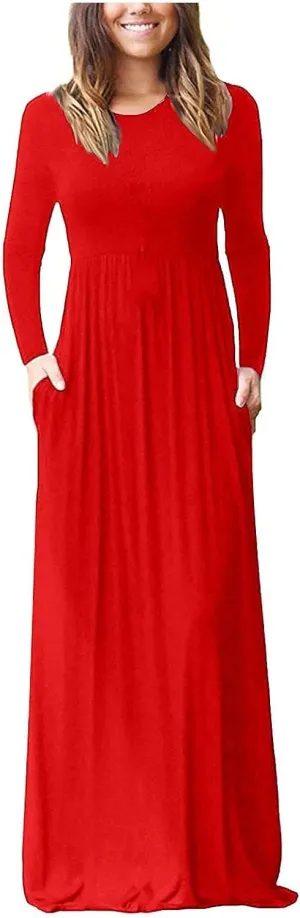 Spring Dresses Women Casual Long Sleeve Striped Loose Fit Pleated Maxi Dress with Pockets Spring Fall Outfit Basic Clothes