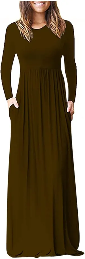 Spring Dresses Women Casual Long Sleeve Striped Loose Fit Pleated Maxi Dress with Pockets Spring Fall Outfit Basic Clothes