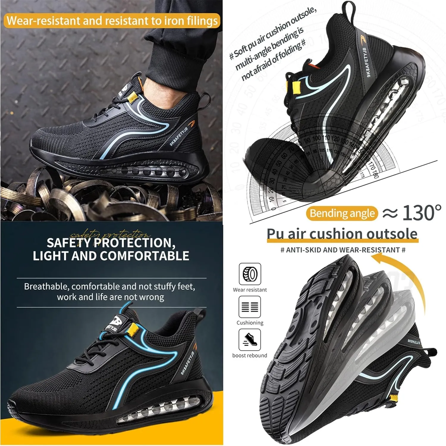 Steel Toe Shoes for Men Work Shoes Lightweight Safety Sneakers Air Cushion Construction Work Shoes for Men Composite Toe Safety Shoes Comfortable Puncture Proof Slip On Work Shoes