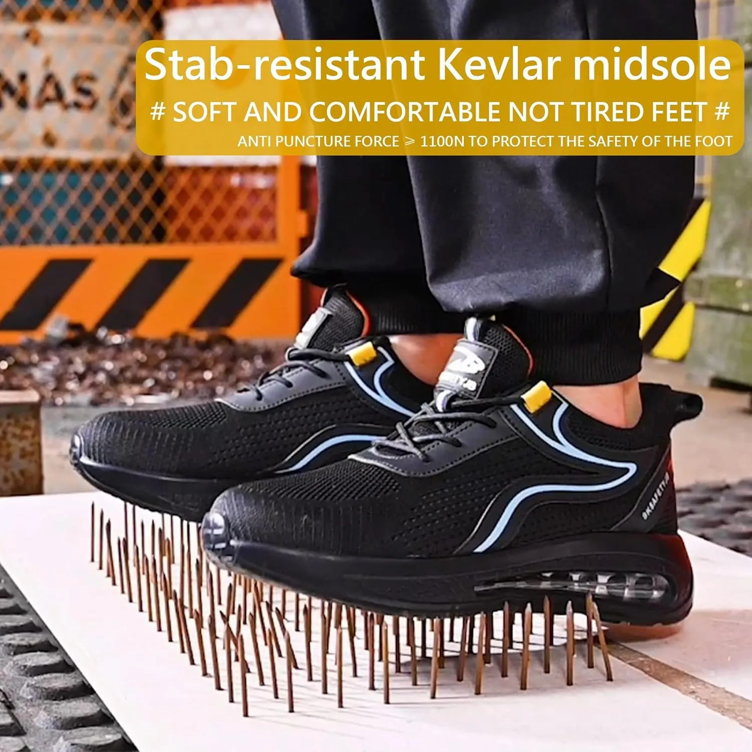 Steel Toe Shoes for Men Work Shoes Lightweight Safety Sneakers Air Cushion Construction Work Shoes for Men Composite Toe Safety Shoes Comfortable Puncture Proof Slip On Work Shoes