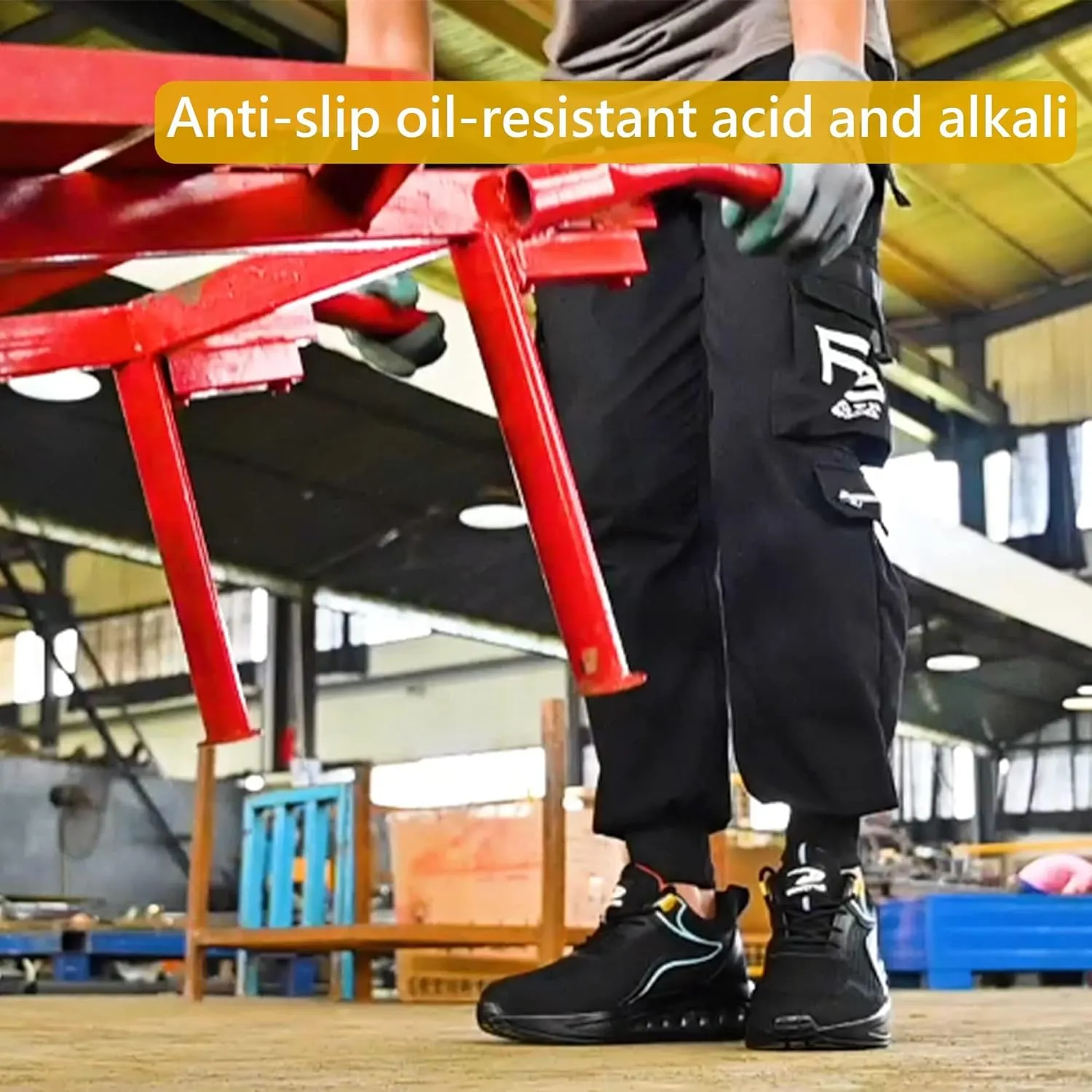 Steel Toe Shoes for Men Work Shoes Lightweight Safety Sneakers Air Cushion Construction Work Shoes for Men Composite Toe Safety Shoes Comfortable Puncture Proof Slip On Work Shoes