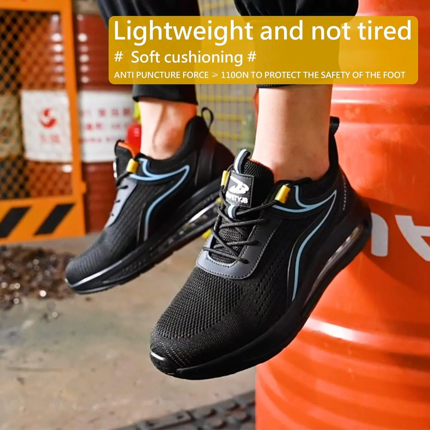 Steel Toe Shoes for Men Work Shoes Lightweight Safety Sneakers Air Cushion Construction Work Shoes for Men Composite Toe Safety Shoes Comfortable Puncture Proof Slip On Work Shoes