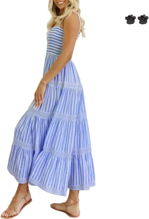 Striped Dress for Women Summer Sleeveless Casual Bohemian Maxi Beachs Dress S~XL