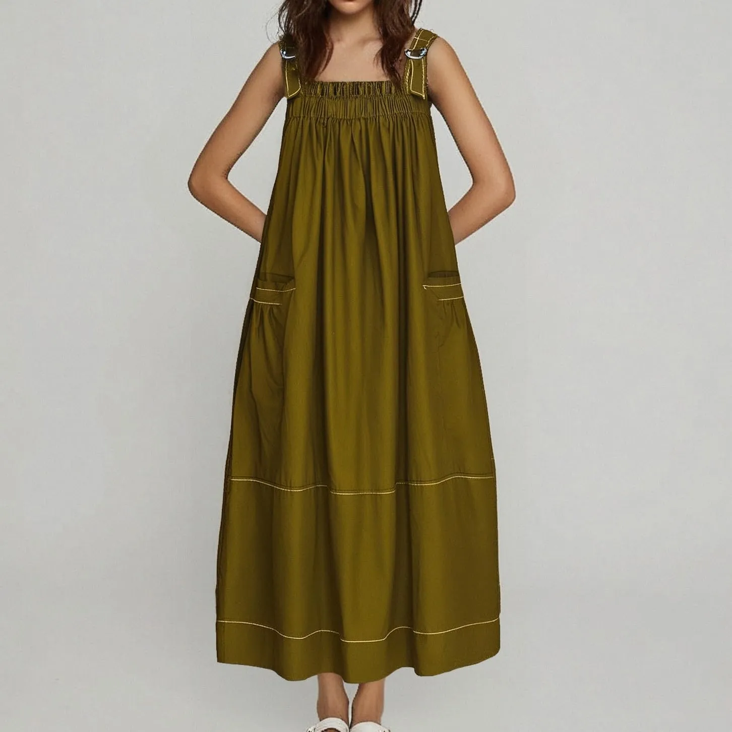 Summer Dress for Women Loose Adjustable Strap Big Pockets Work Jumper Dresses Midi Bib Overall Fashion Clothes