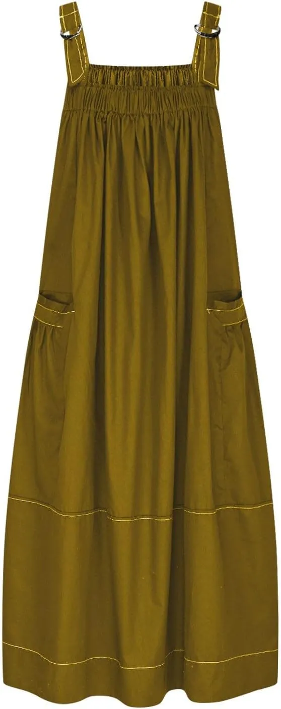 Summer Dress for Women Loose Adjustable Strap Big Pockets Work Jumper Dresses Midi Bib Overall Fashion Clothes