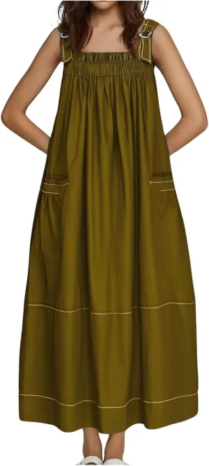 Summer Dress for Women Loose Adjustable Strap Big Pockets Work Jumper Dresses Midi Bib Overall Fashion Clothes