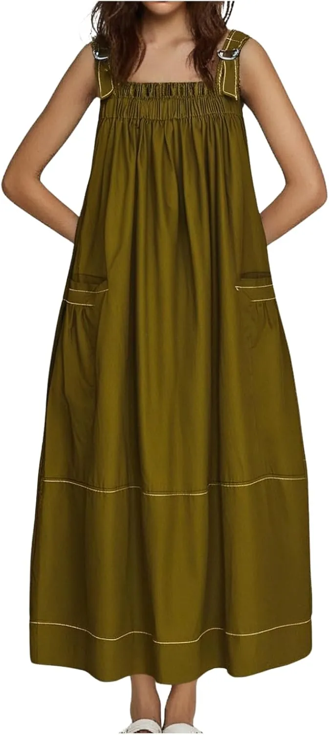 Summer Dress for Women Loose Adjustable Strap Big Pockets Work Jumper Dresses Midi Bib Overall Fashion Clothes