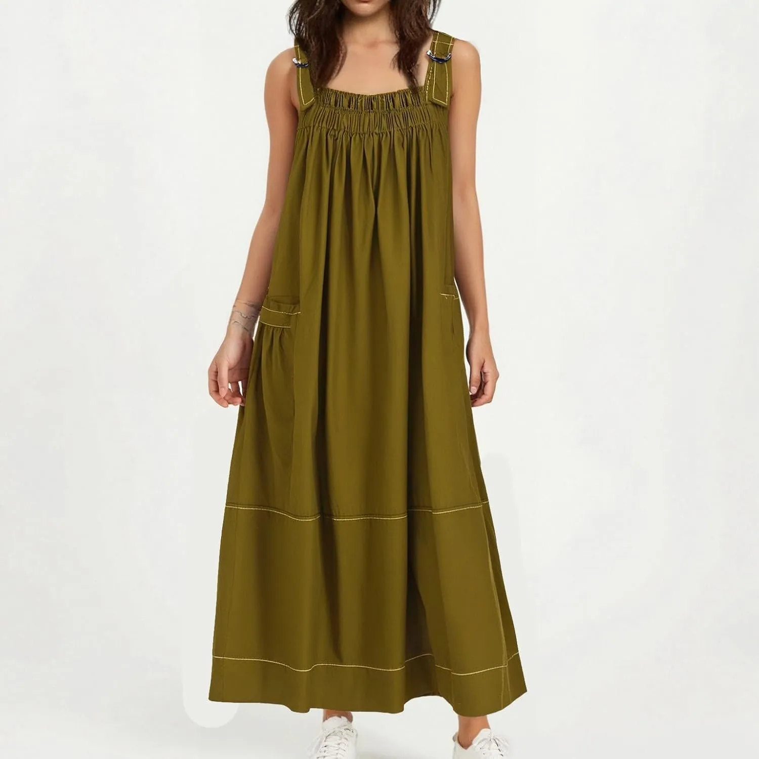 Summer Dress for Women Loose Adjustable Strap Big Pockets Work Jumper Dresses Midi Bib Overall Fashion Clothes
