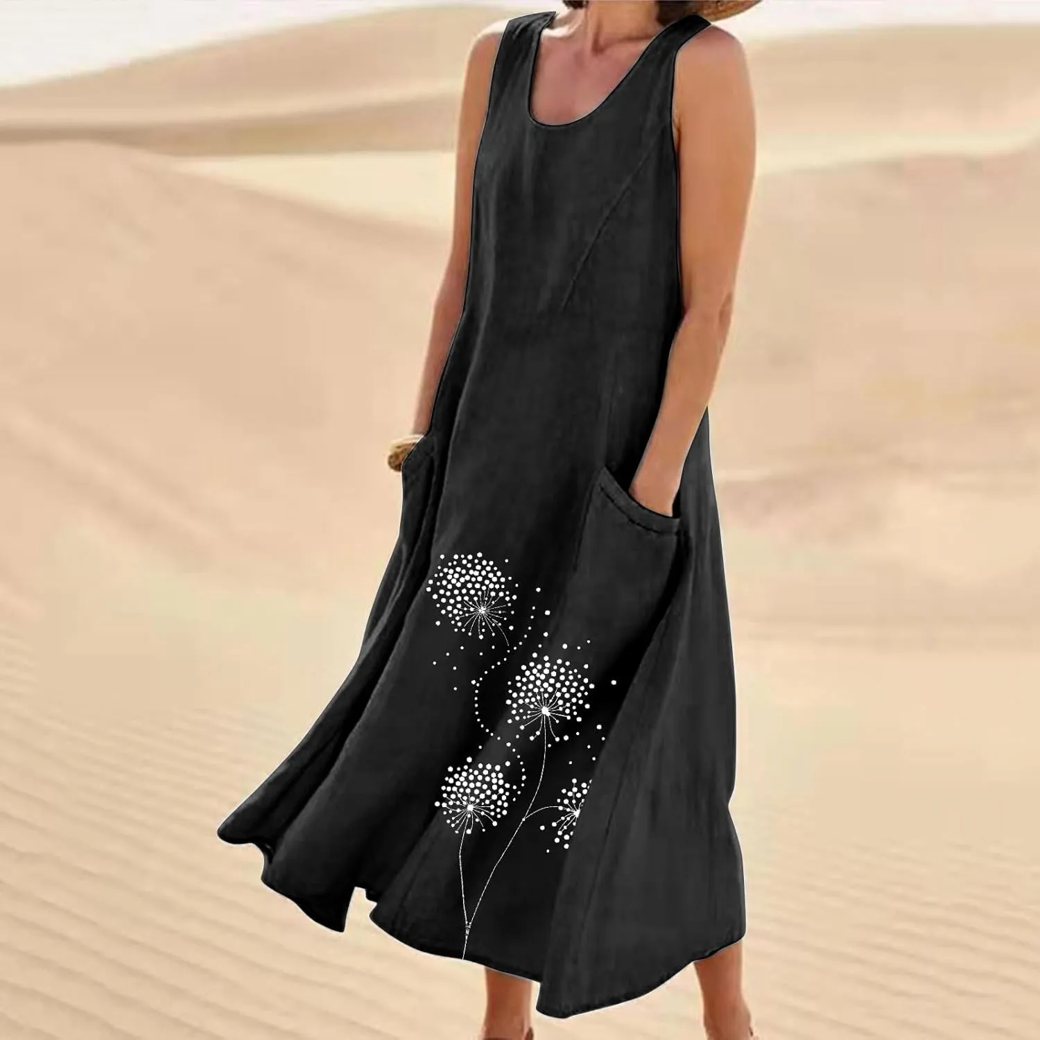 Summer Dress Women 2025 Casual Cotton Linen Tank Dresses Maxi Long Graphic Sundress w Pockets Beach Vacation Outfit