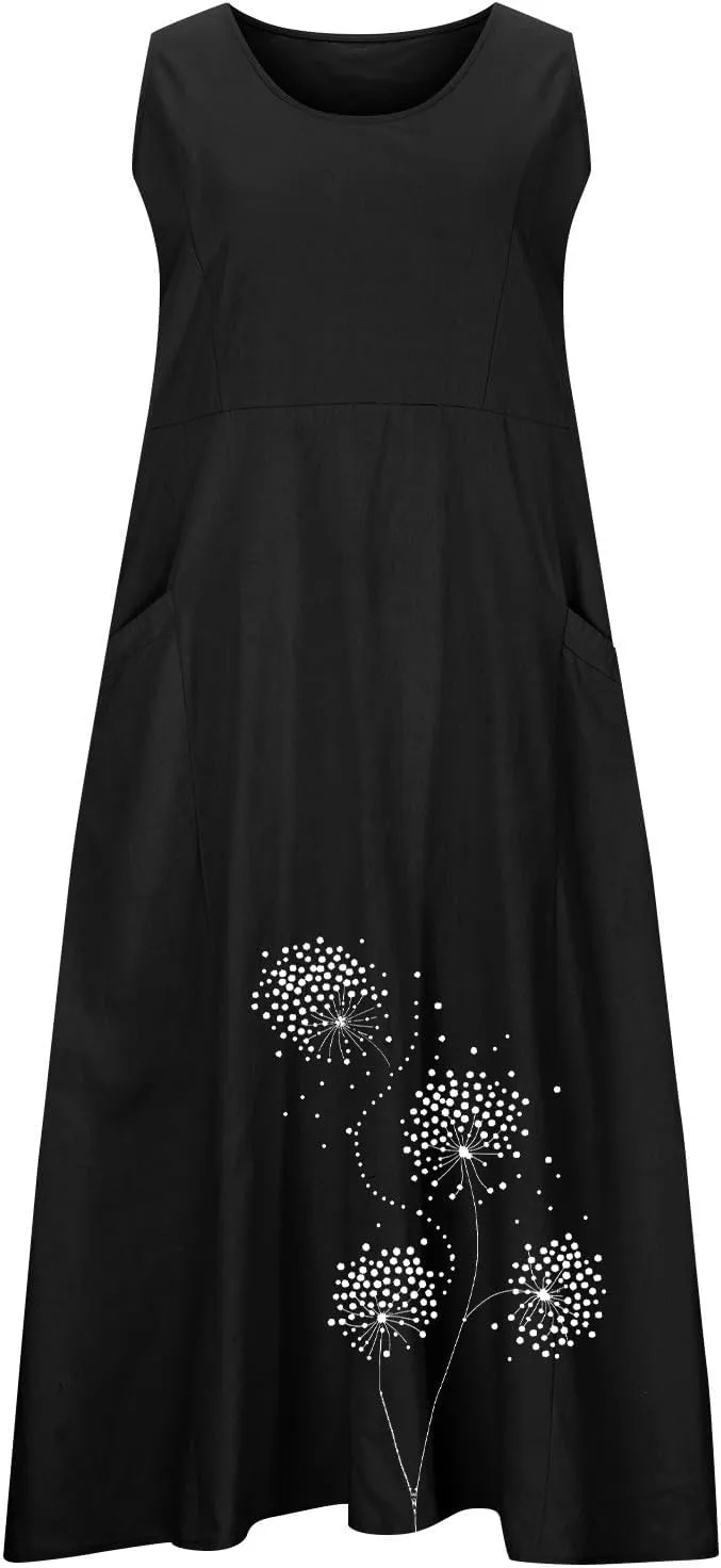 Summer Dress Women 2025 Casual Cotton Linen Tank Dresses Maxi Long Graphic Sundress w Pockets Beach Vacation Outfit