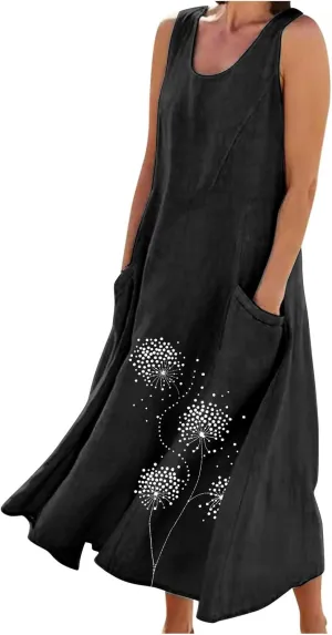 Summer Dress Women 2025 Casual Cotton Linen Tank Dresses Maxi Long Graphic Sundress w Pockets Beach Vacation Outfit