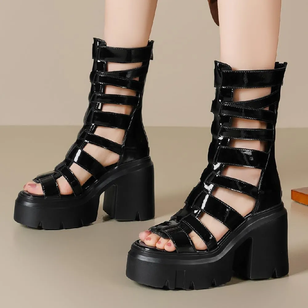 Summer Slim 12 CM Thick Super High Heels Platform Peep Toe Cut Out Narrow Band Zipper Genuine Leather Women Gladiator Sandals
