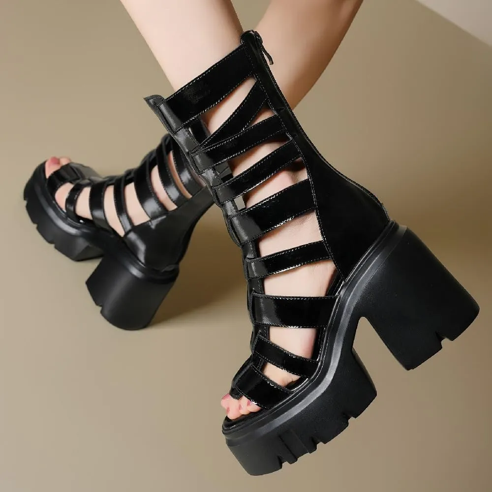 Summer Slim 12 CM Thick Super High Heels Platform Peep Toe Cut Out Narrow Band Zipper Genuine Leather Women Gladiator Sandals