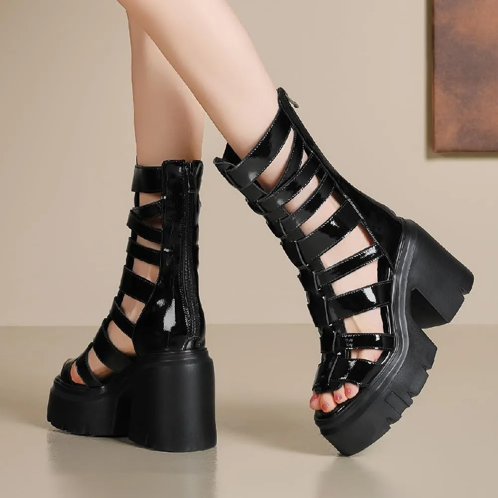 Summer Slim 12 CM Thick Super High Heels Platform Peep Toe Cut Out Narrow Band Zipper Genuine Leather Women Gladiator Sandals