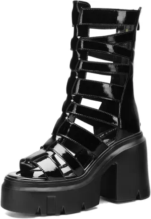 Summer Slim 12 CM Thick Super High Heels Platform Peep Toe Cut Out Narrow Band Zipper Genuine Leather Women Gladiator Sandals