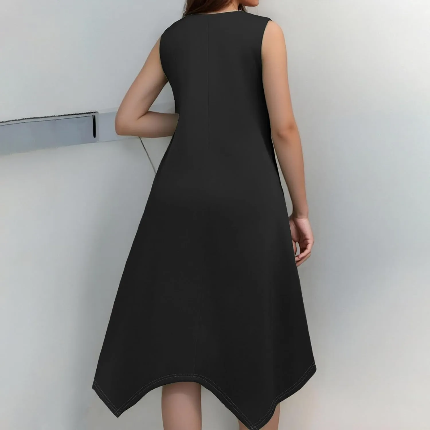 Sundresses for Women Casual Loose a Line Cotton V Neck Vacation Outfits Below The Knee Solid Irregular Hem Midi Dress