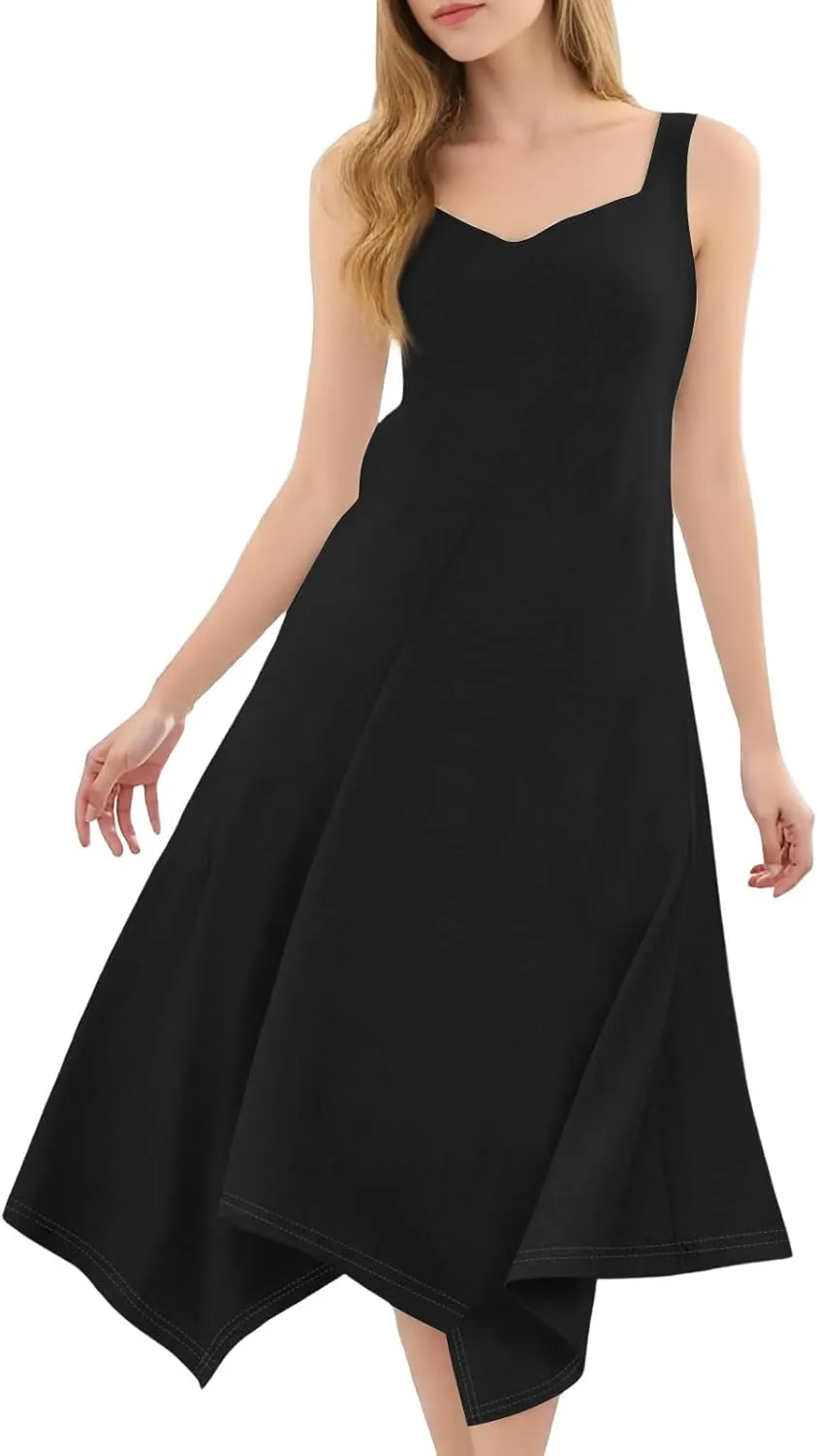 Sundresses for Women Casual Loose a Line Cotton V Neck Vacation Outfits Below The Knee Solid Irregular Hem Midi Dress