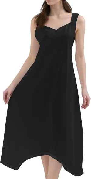Sundresses for Women Casual Loose a Line Cotton V Neck Vacation Outfits Below The Knee Solid Irregular Hem Midi Dress