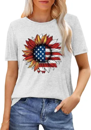Sunflower T Shirts for Women | Women Sunflower Patriotic T Shirts - Crew Neck Short Sleeve Top Clothes Casual Holiday Wear