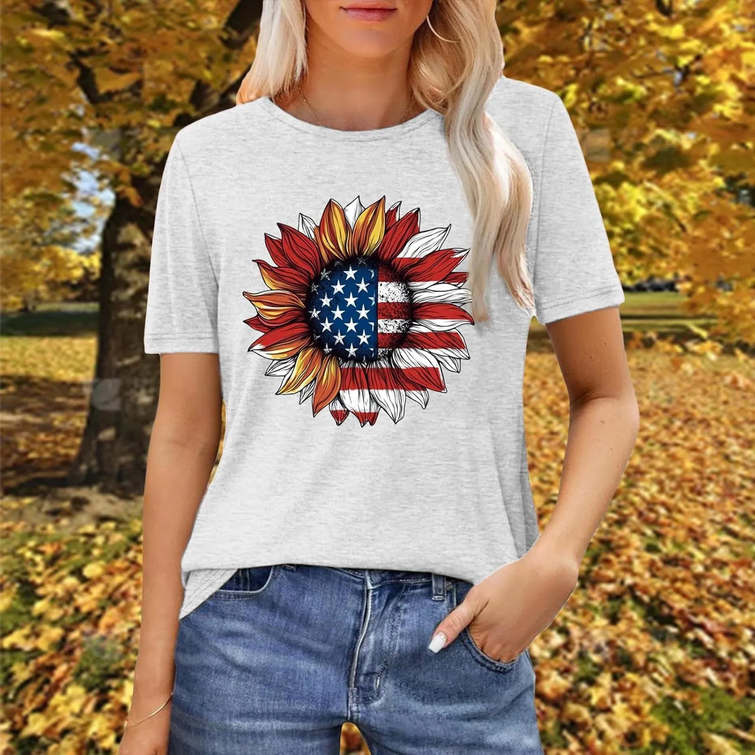 Sunflower T Shirts for Women | Women Sunflower Patriotic T Shirts - Crew Neck Short Sleeve Top Clothes Casual Holiday Wear