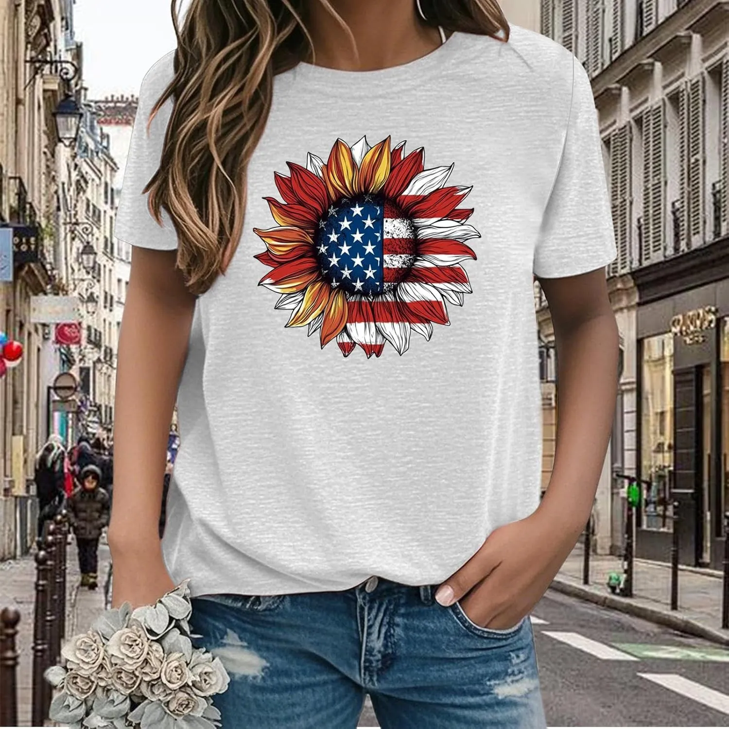 Sunflower T Shirts for Women | Women Sunflower Patriotic T Shirts - Crew Neck Short Sleeve Top Clothes Casual Holiday Wear