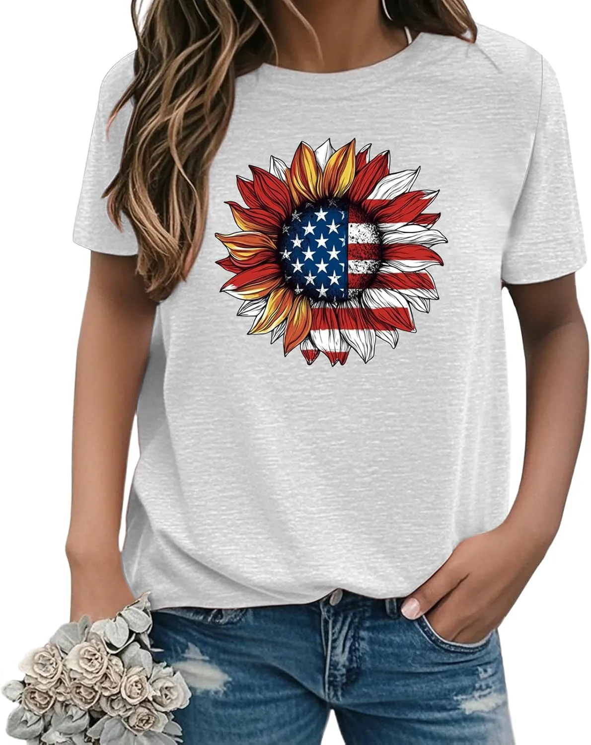 Sunflower T Shirts for Women | Women Sunflower Patriotic T Shirts - Crew Neck Short Sleeve Top Clothes Casual Holiday Wear