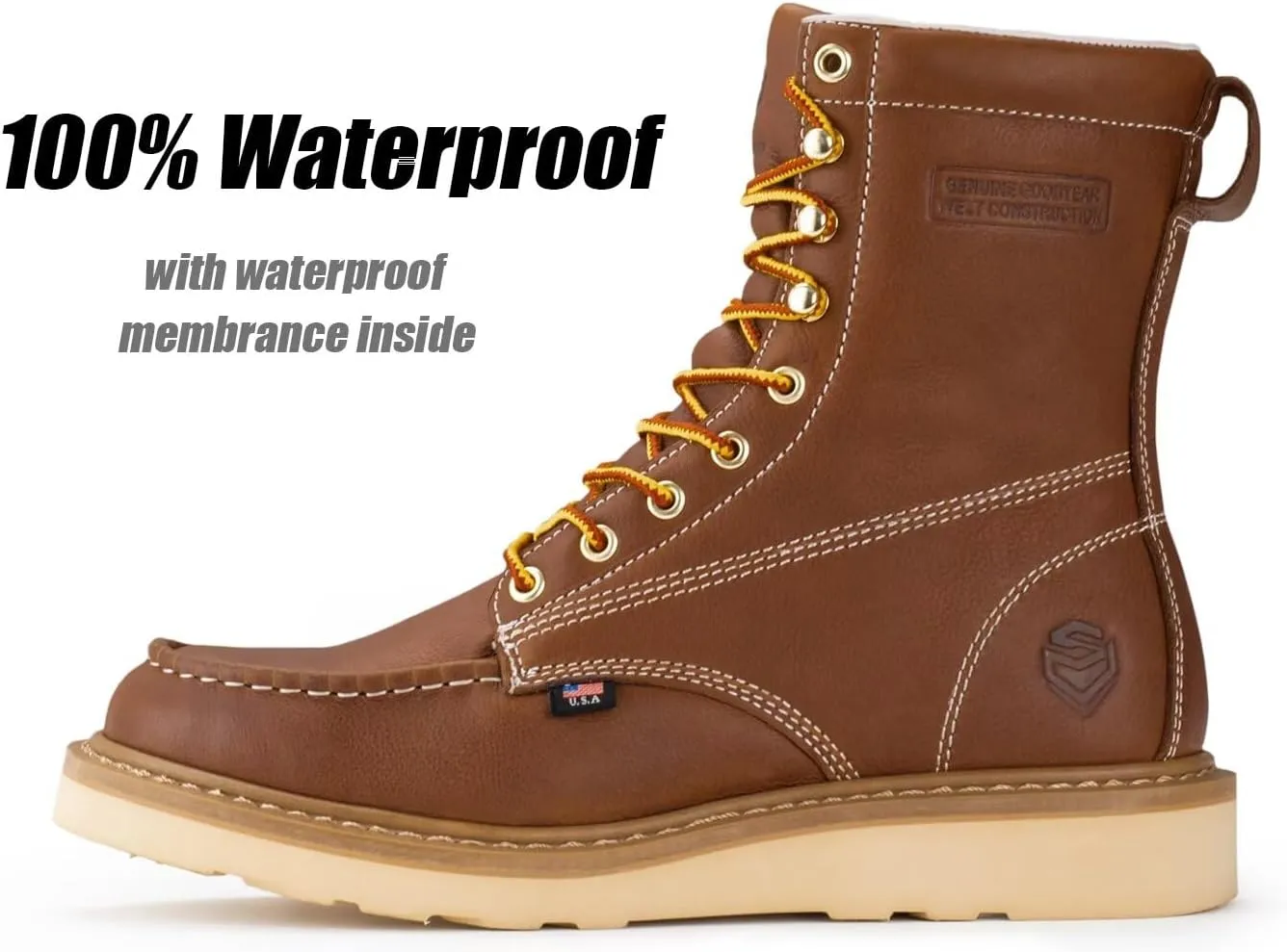 SUREWAY 8in Wedge Moc Toe Work Boots for Men - Soft Toe,Premium Full-Grain Leather,Safety Work Boots/Shoes,Comfort Insole,Oil/Slip Resistant,Real Goodyear,EH Rated Industrial Construction