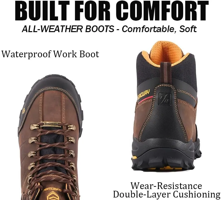 SUREWAY Men's 6" Soft/Steel Toe Heavy Duty Waterproof Work Boot - Leather,Lace Up,Oil/Slip Resistant Dual-Density Comfortable EH Construction Industrial Ankle Safety Men Work Boots,Roofing, Hunting