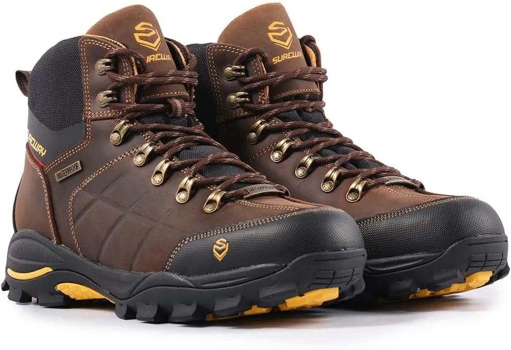 SUREWAY Men's 6" Soft/Steel Toe Heavy Duty Waterproof Work Boot - Leather,Lace Up,Oil/Slip Resistant Dual-Density Comfortable EH Construction Industrial Ankle Safety Men Work Boots,Roofing, Hunting