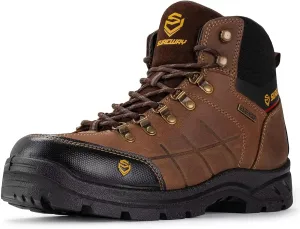 SUREWAY Mens Waterproof Steel Toe Work Boots/Shoes for Men,Genuine Leather,Unique Comfort Design,Oil/Slip Resistant,EH Safety Industrial & Construction Boots,Brown,Size 10