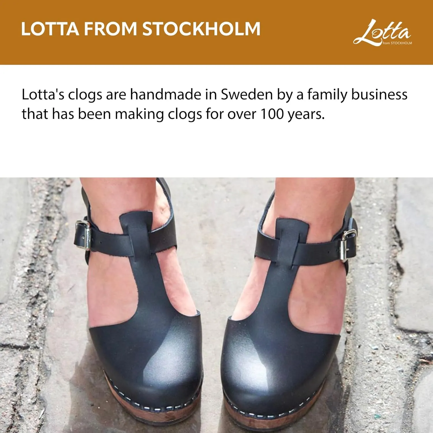 Swedish Highwood T-Bar Sandal Clogs for Women | Mary Jane Syle High Heel Platform Clogs Handmade in Sweden | Real Leather on Brown Alder Wood Base | Black