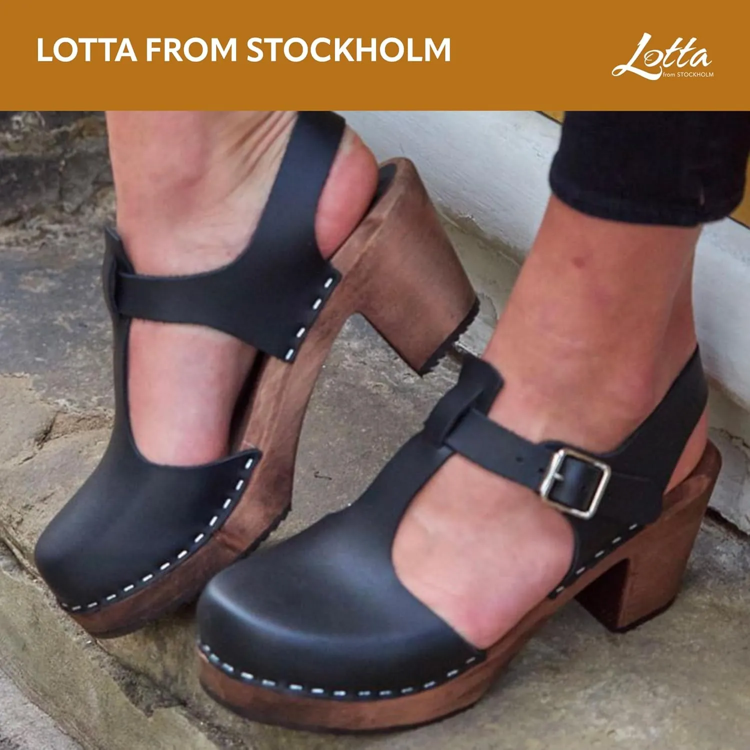 Swedish Highwood T-Bar Sandal Clogs for Women | Mary Jane Syle High Heel Platform Clogs Handmade in Sweden | Real Leather on Brown Alder Wood Base | Black