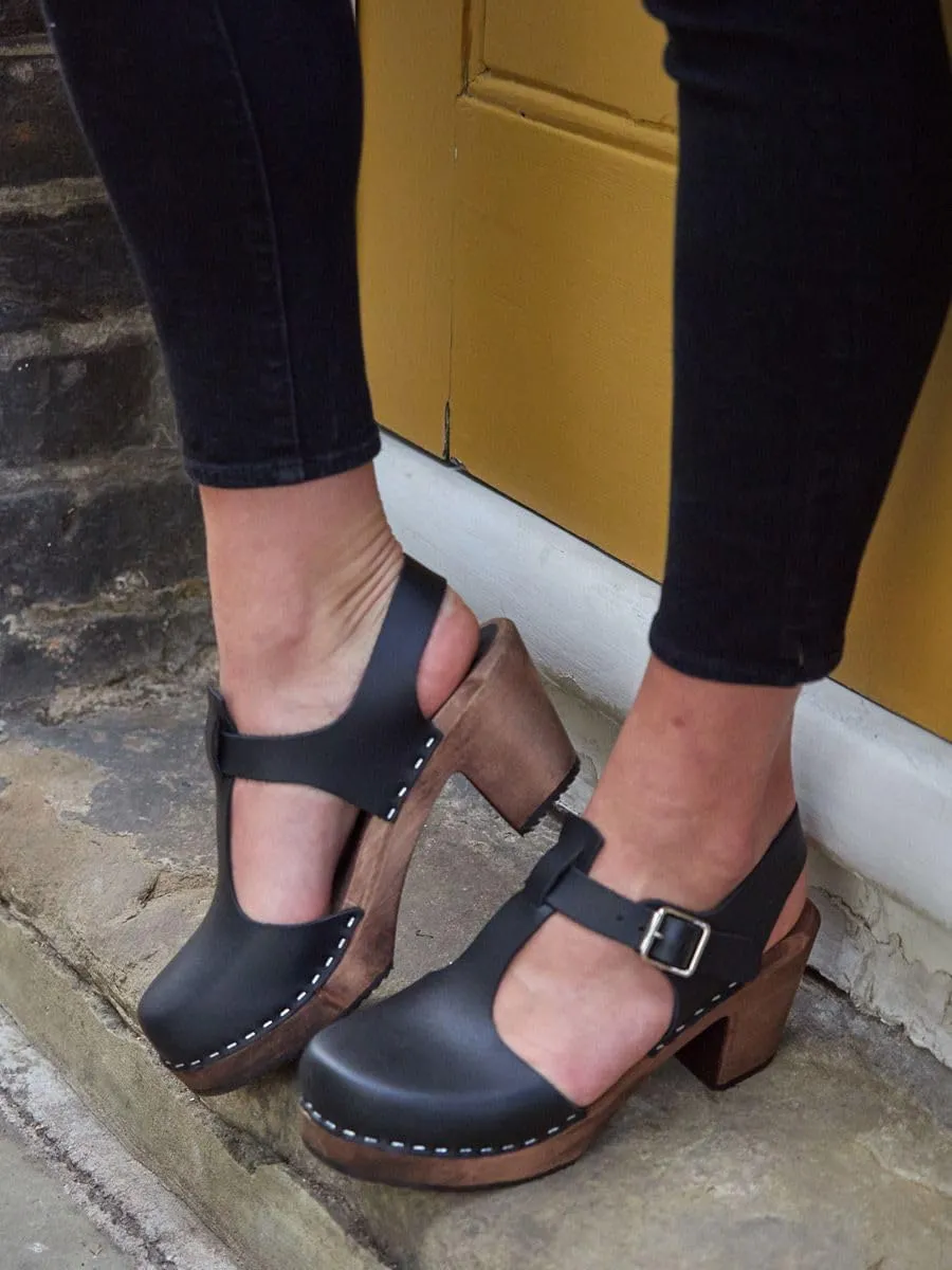 Swedish Highwood T-Bar Sandal Clogs for Women | Mary Jane Syle High Heel Platform Clogs Handmade in Sweden | Real Leather on Brown Alder Wood Base | Black
