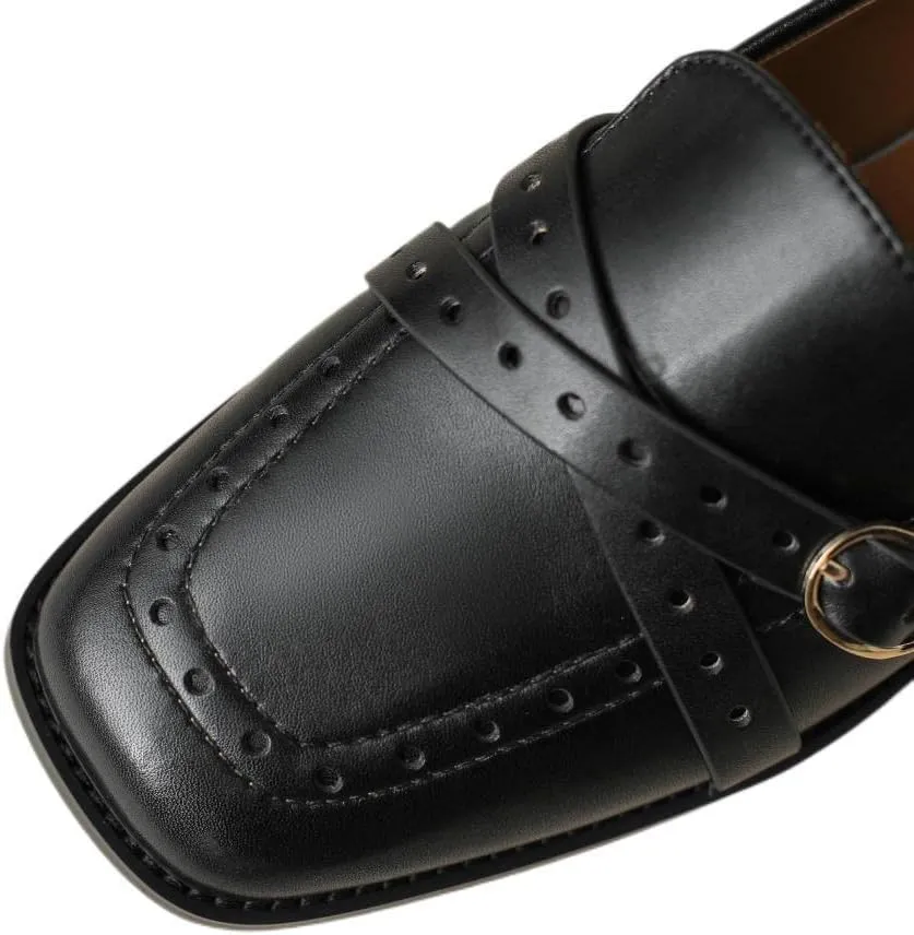 TinaCus Handmade Women's Genuine Leather Retro Decor Cross Band Square Toe Slip On Flats Loafers Shoes