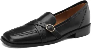 TinaCus Handmade Women's Genuine Leather Retro Decor Cross Band Square Toe Slip On Flats Loafers Shoes