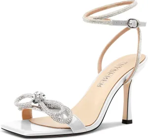 TNYNFBEB Womens Stiletto High Heel Open Square Toe Sandals Ankle Strap Two-Piece Buckle Rhinestone Crystal Bow-knot Prom Dress Summer 3.5 Inches Heels