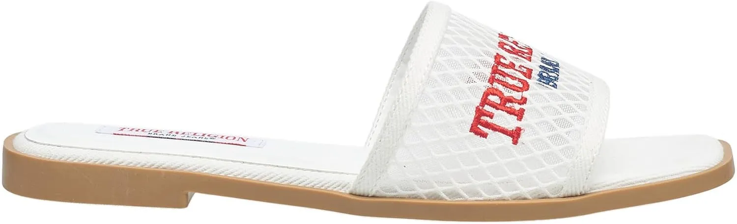 True Religion Women’s Mesh Denim Slide Sandals – Logo Strap, Casual Slip-On Comfort