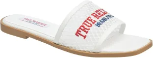 True Religion Women’s Mesh Denim Slide Sandals – Logo Strap, Casual Slip-On Comfort