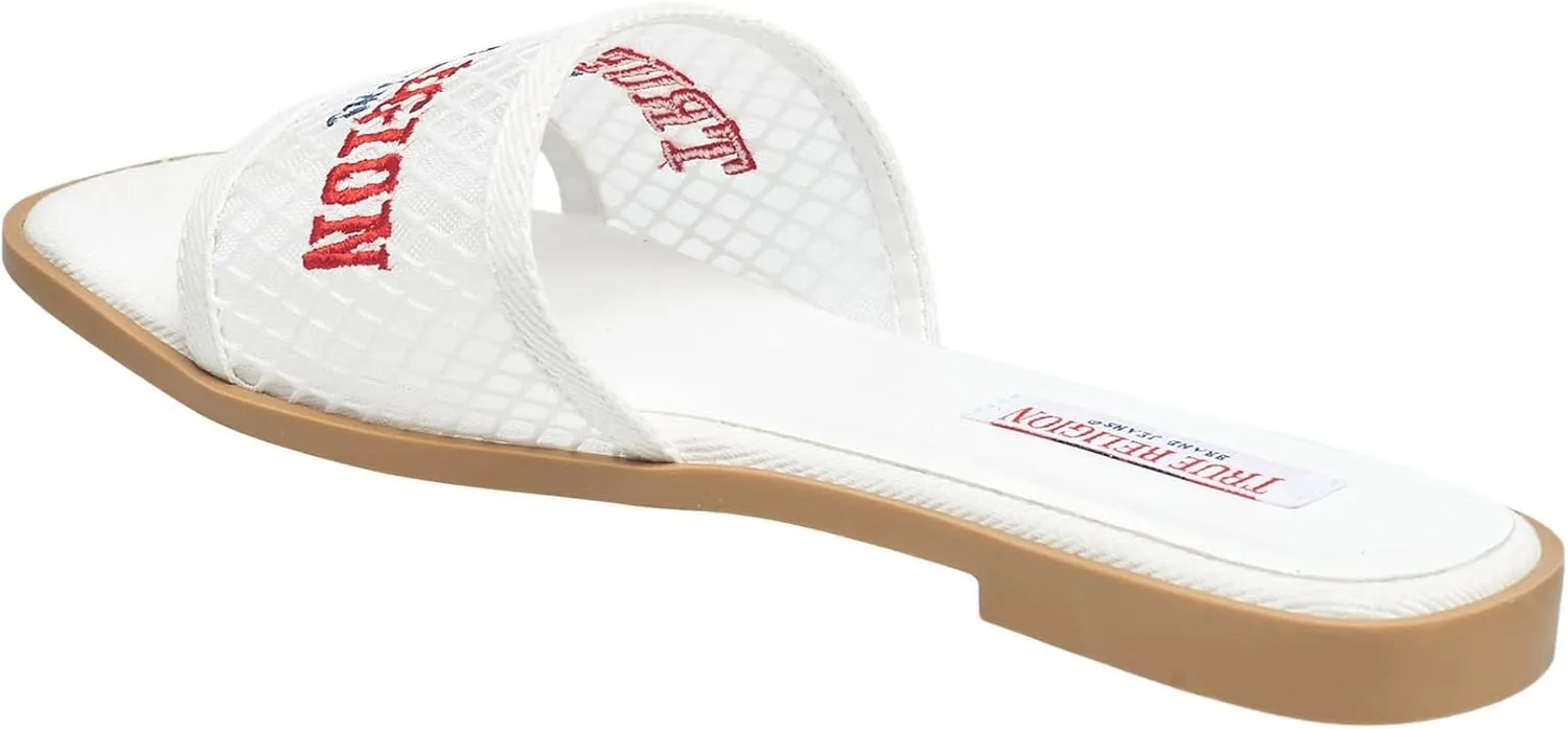 True Religion Women’s Mesh Denim Slide Sandals – Logo Strap, Casual Slip-On Comfort