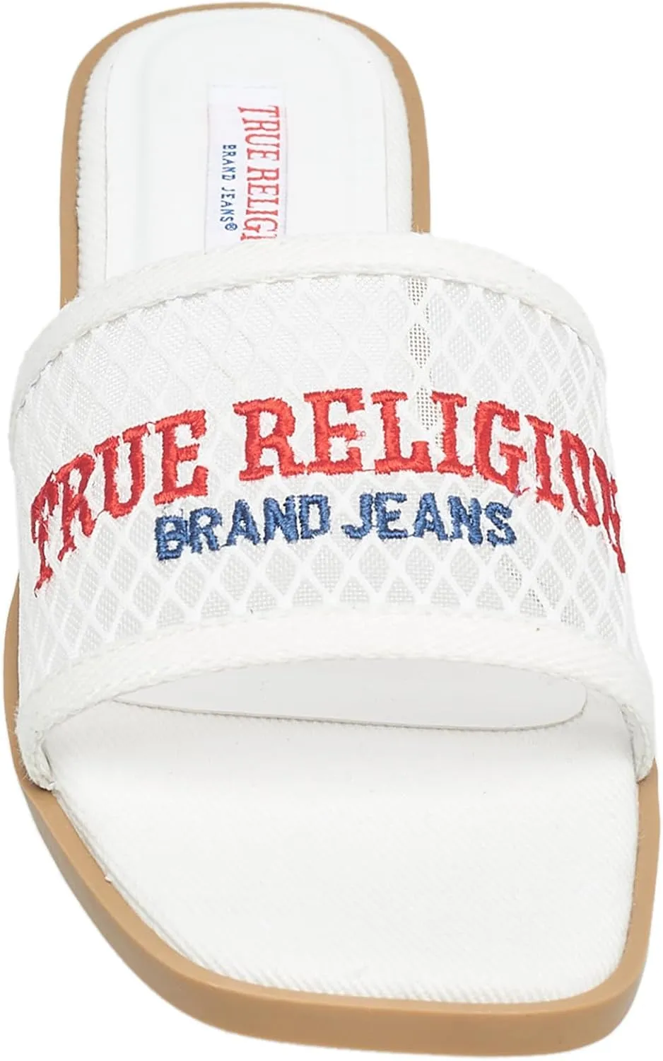 True Religion Women’s Mesh Denim Slide Sandals – Logo Strap, Casual Slip-On Comfort