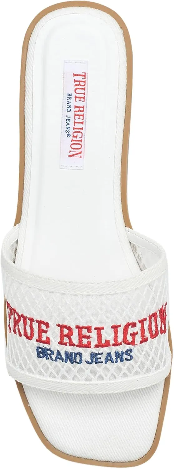 True Religion Women’s Mesh Denim Slide Sandals – Logo Strap, Casual Slip-On Comfort
