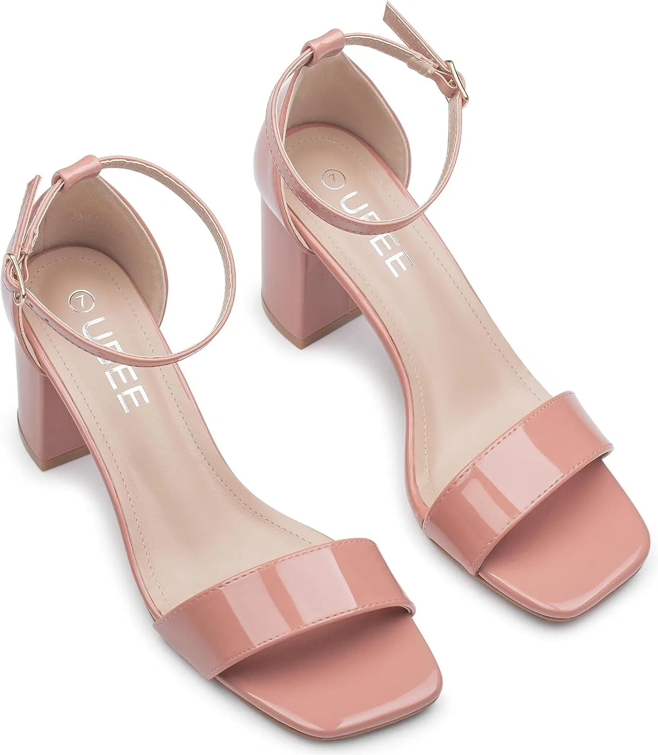 UBEE Nude High Heels Women's open toe ankle strap Thick heel Pump Sandals Party wedding Buckle Sandals