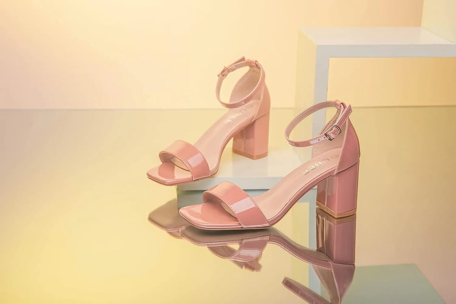 UBEE Nude High Heels Women's open toe ankle strap Thick heel Pump Sandals Party wedding Buckle Sandals