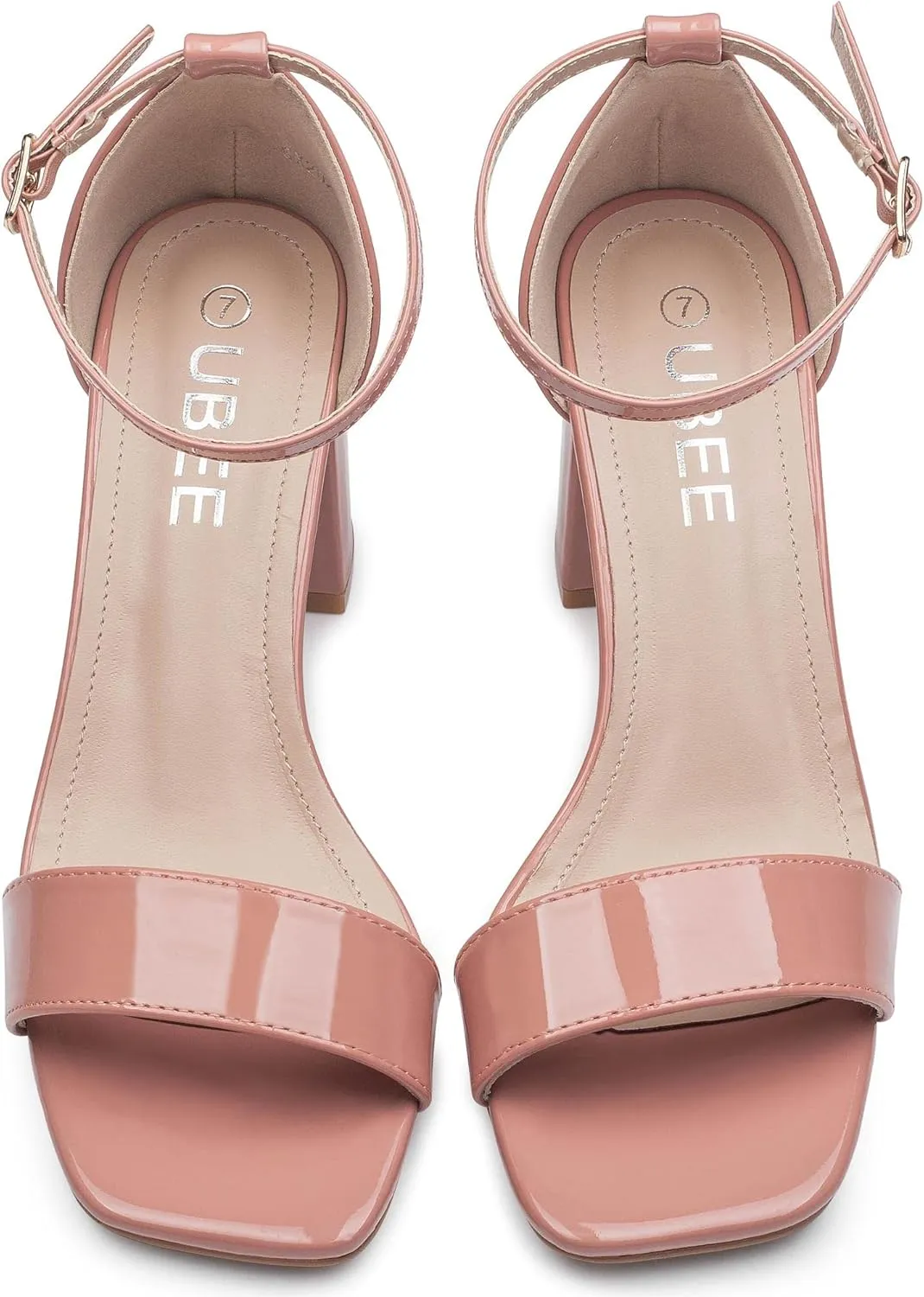 UBEE Nude High Heels Women's open toe ankle strap Thick heel Pump Sandals Party wedding Buckle Sandals