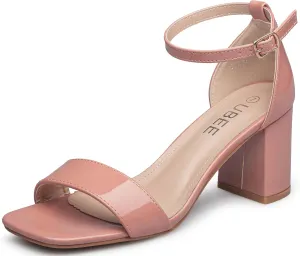 UBEE Nude High Heels Women's open toe ankle strap Thick heel Pump Sandals Party wedding Buckle Sandals