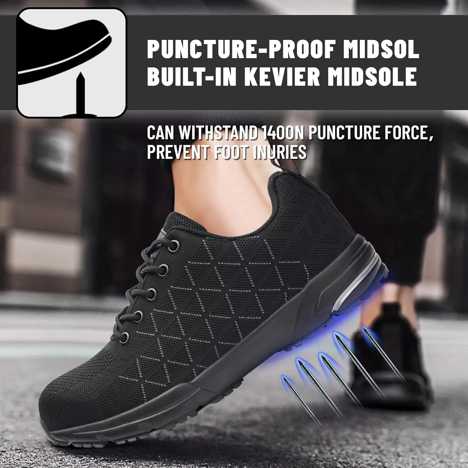 Unisex Adults Work Shoes - Black - All Seasons - Industrial & Construction - Lace-Up - Mesh - Moderate Cushioning - Hiking - Adults (Men & Women) Outdoor Enthusiasts & Athletes