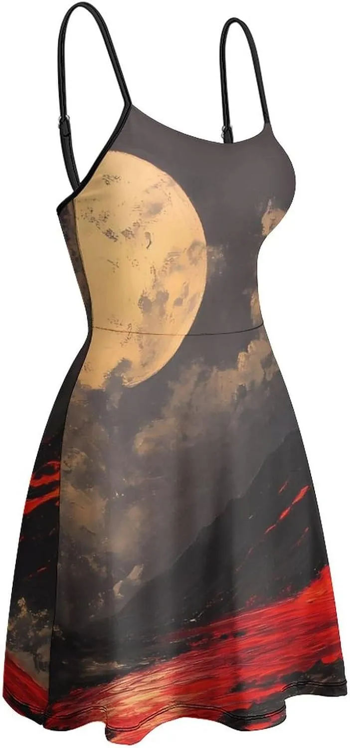 Vintage Lava Volcano Moon Slip Dress for Women Sleeveless Tank-dress Adjustable Spaghetti Mini Sundress