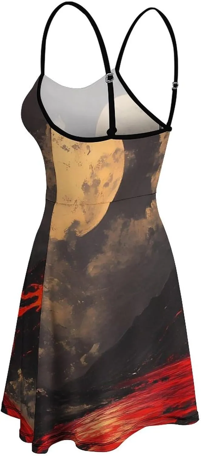 Vintage Lava Volcano Moon Slip Dress for Women Sleeveless Tank-dress Adjustable Spaghetti Mini Sundress