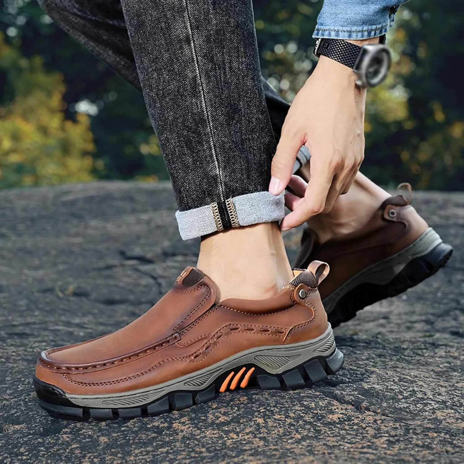 Waterproof Shoes for Men, Outdoor Casual Oxford, Lightweight Hiking Shoes, Breathable Leather Loafers, Comfortable Walking Sneakers